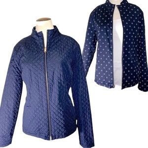 SPANNER Quilted Reversible Jacket Zip Up Sz L Navy Blue Anchors Pattern Pockets